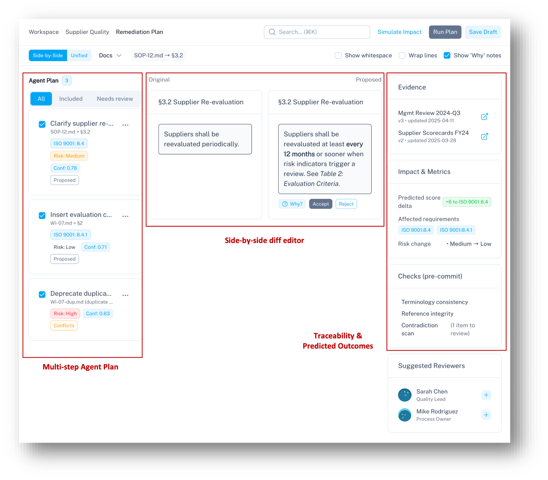 AI-Supported QMS Improvement interface showing agent plan, side-by-side diff editor, and traceability panel