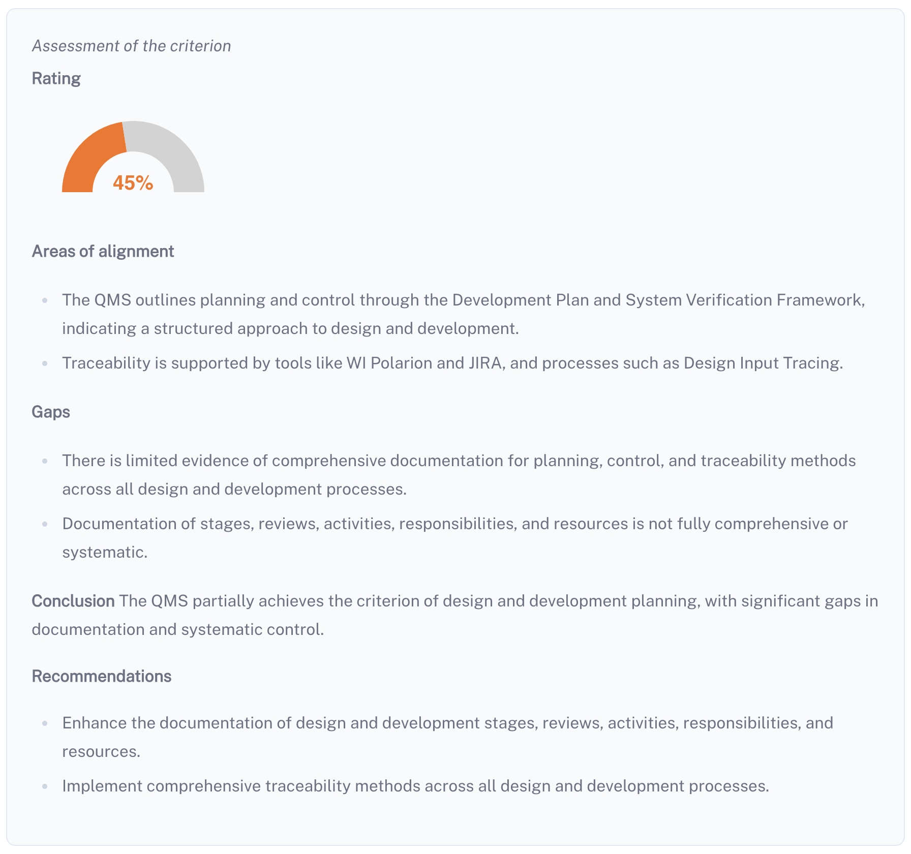 Audit assessment overview showing readiness status