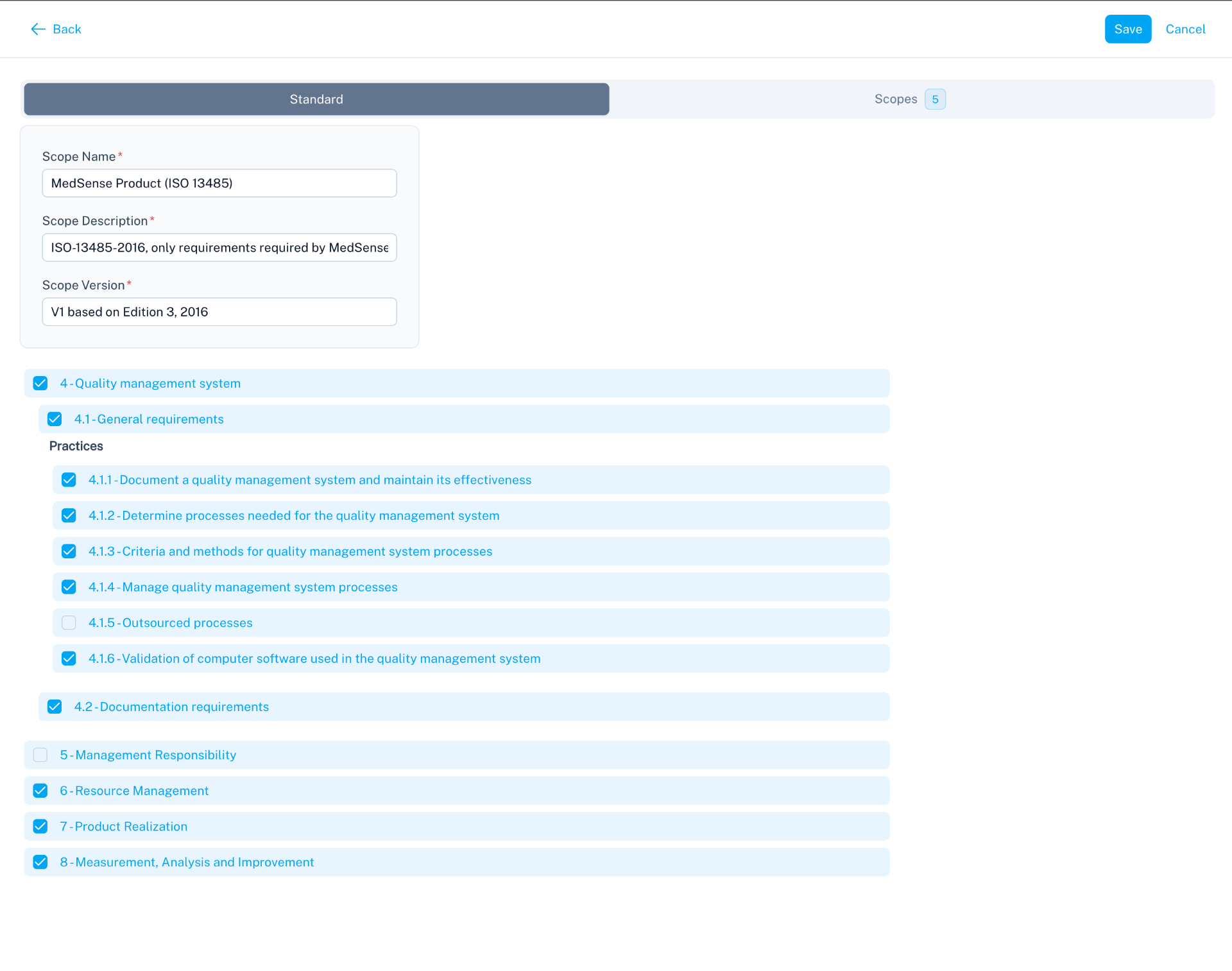 Standards scope definition interface showing requirement applicability