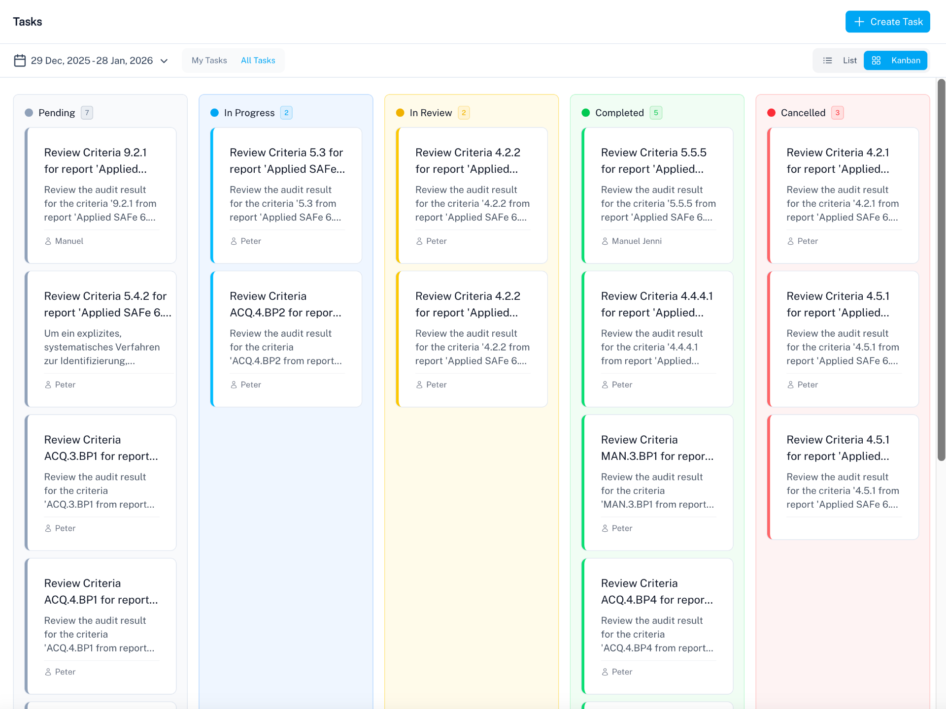 Task management Kanban board with status tracking